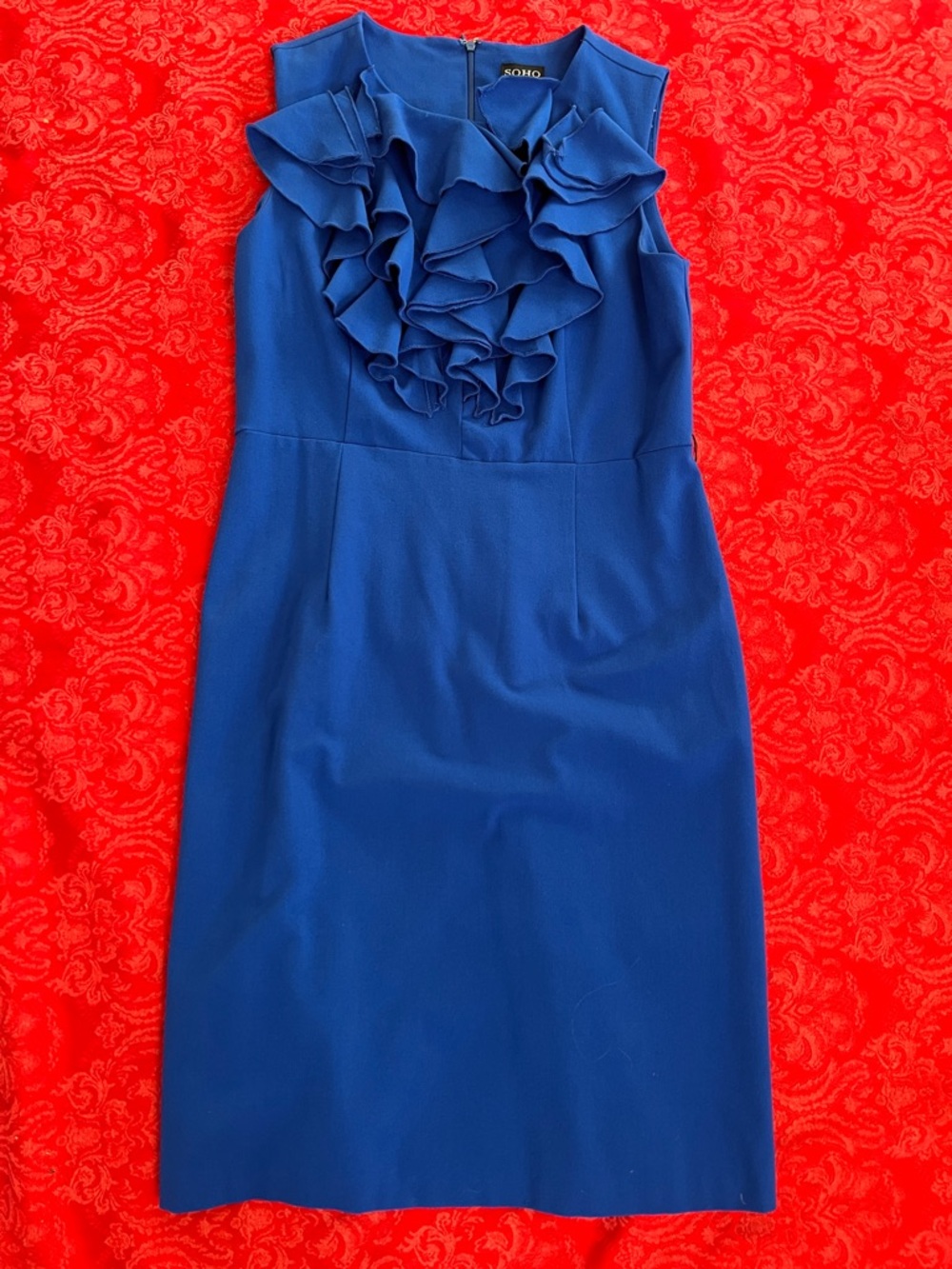SOHO Blue Ruffle Front Sheath Dress Women's Size 8 Sleeveless Career Cocktail